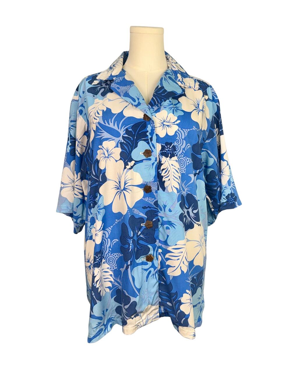 Vintage Y2K Original by Mary Coonts Hawaiian Blue Hibiscus Button Down Shirt L